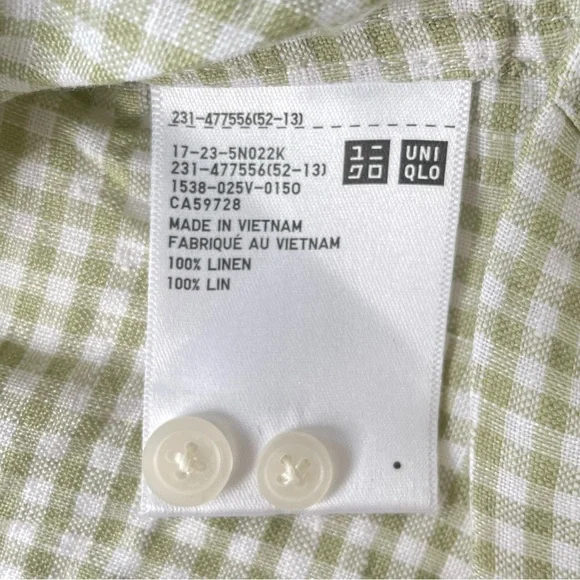 Uniqlo Linen Gingham Shirt Women’s Size Small Picnic Cottagecore Spring Green - Picture 9 of 12